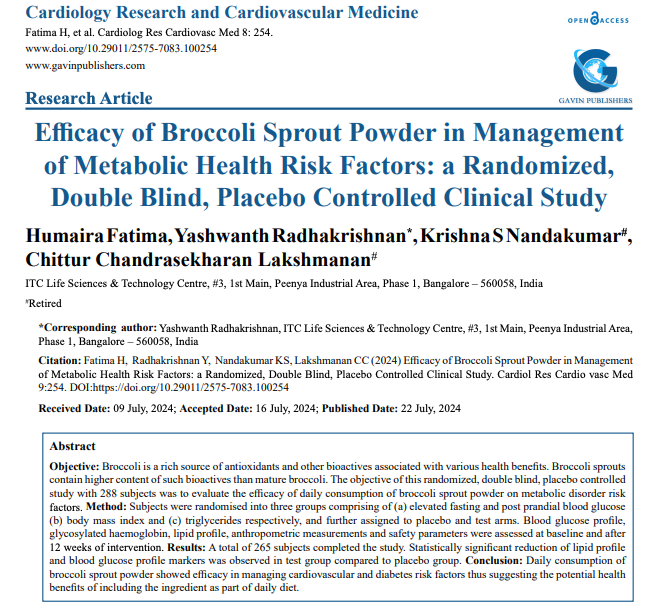 Efficacy of Broccoli Sprout Powder in Management of Metabolic Health Risk Factors: a Randomized, Double Blind, Placebo Controlled Clinical Study